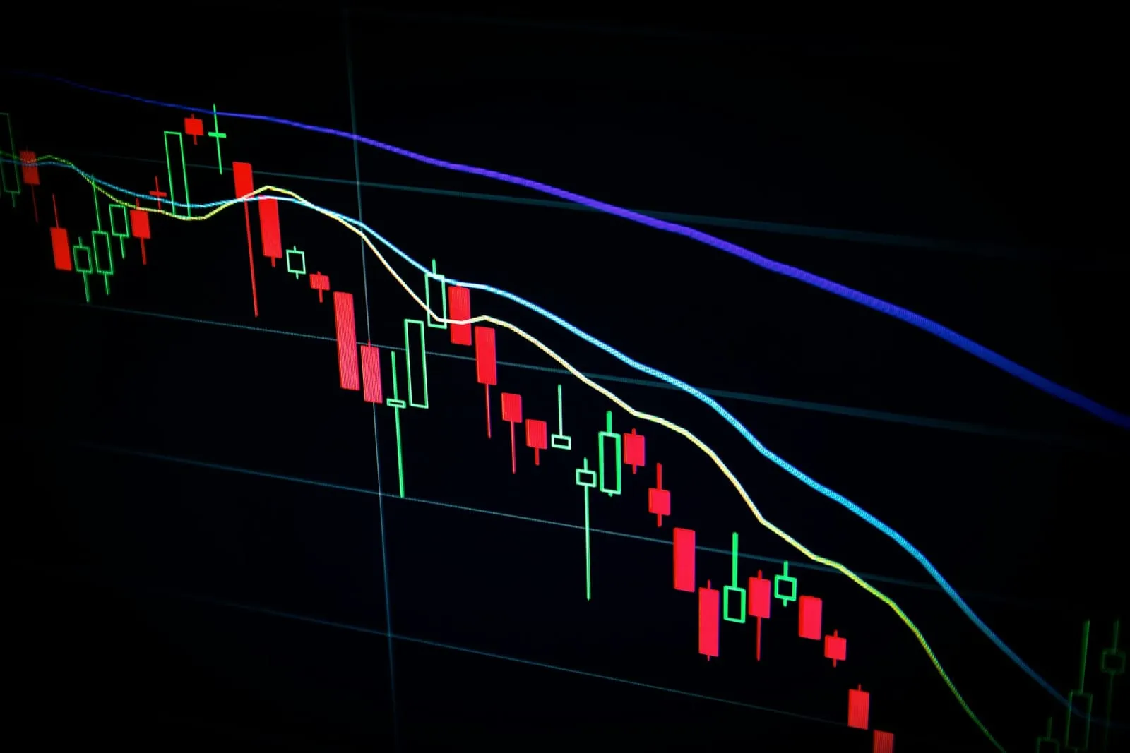 A stock price chart on a computer monitor showing rising green bars and falling red bars