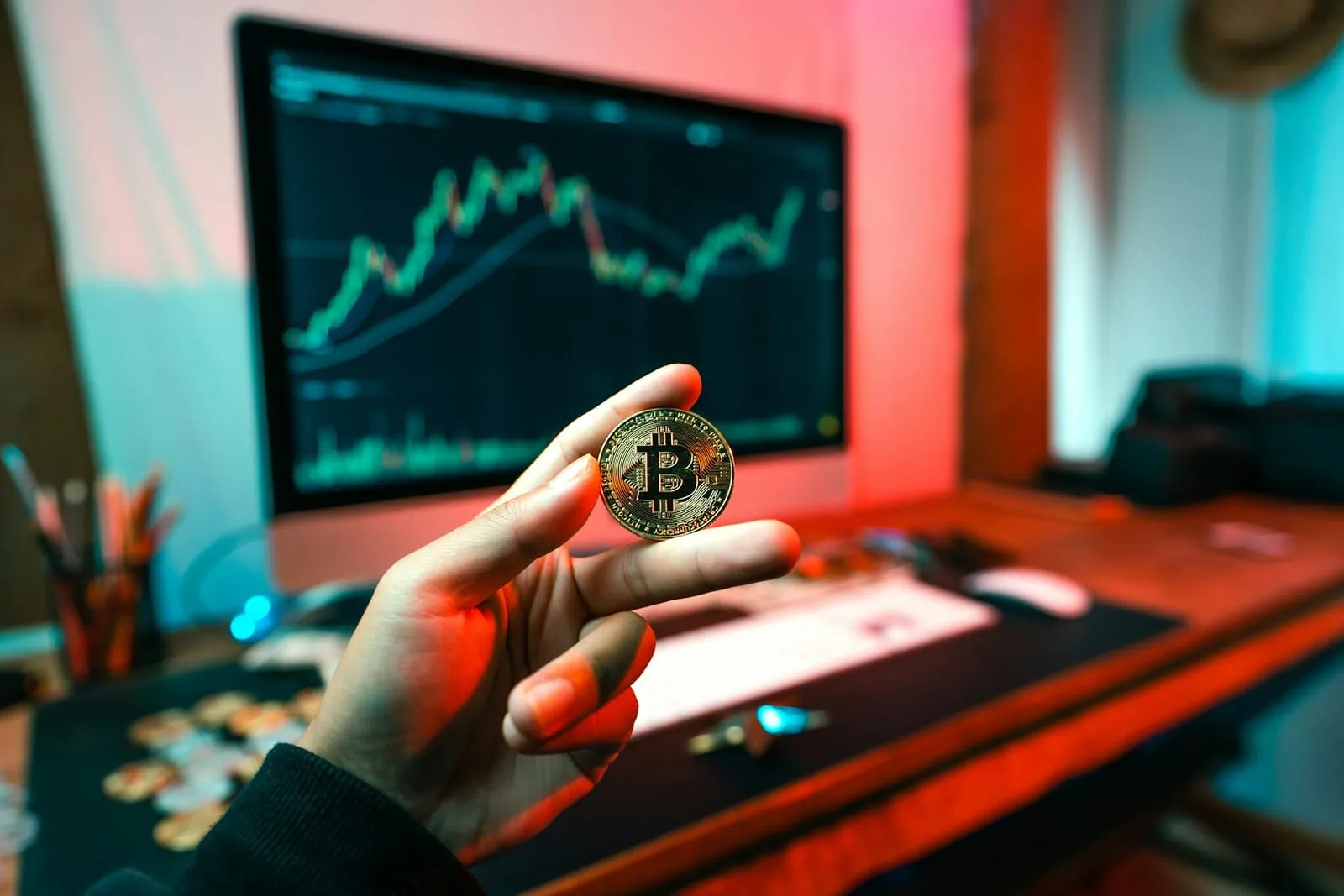 A hand holding a bitcoin coin in front of a monitor showing a price chart under red light