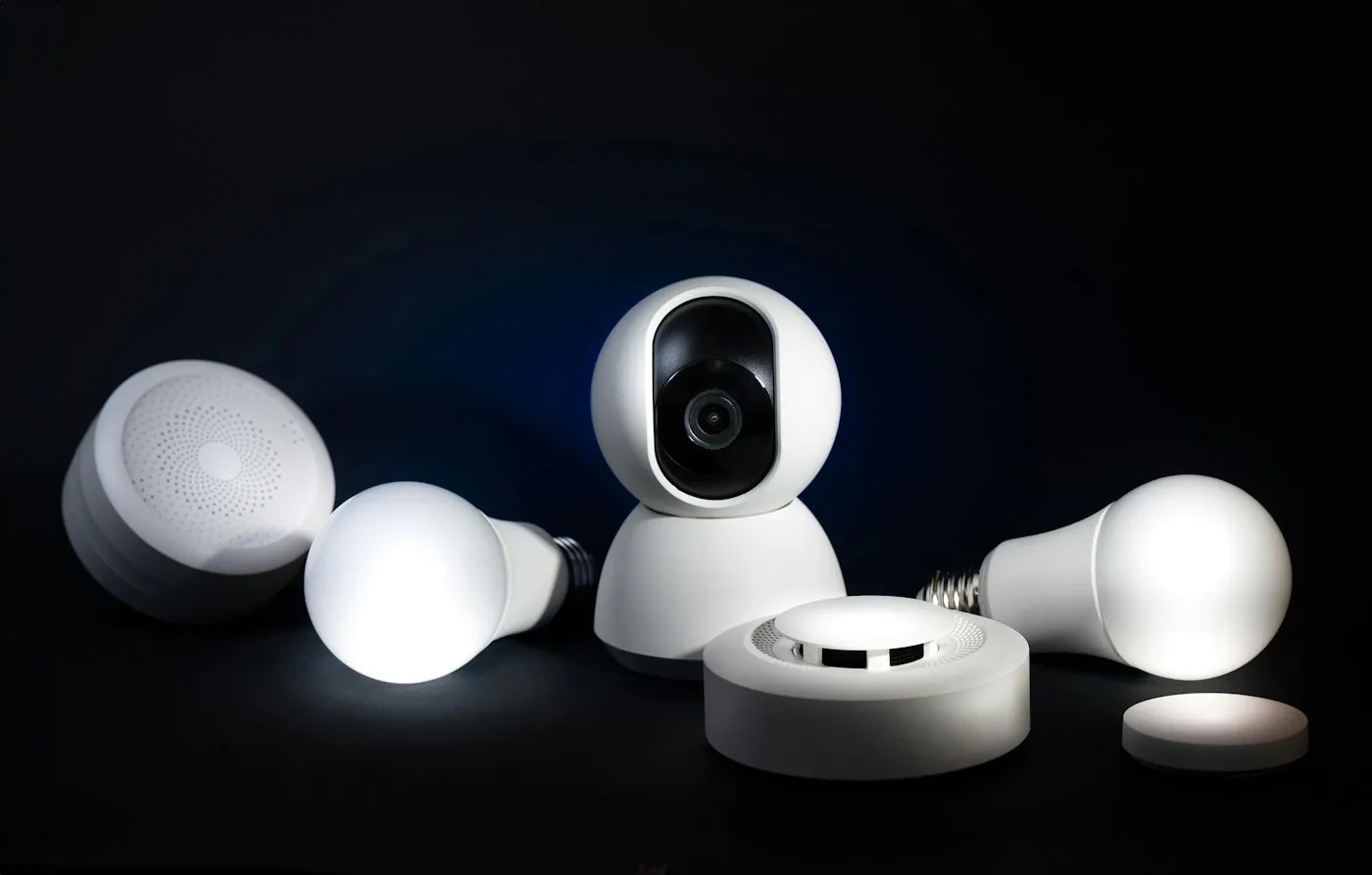 White smart bulbs, a security camera, a hub and sensors against a dark background